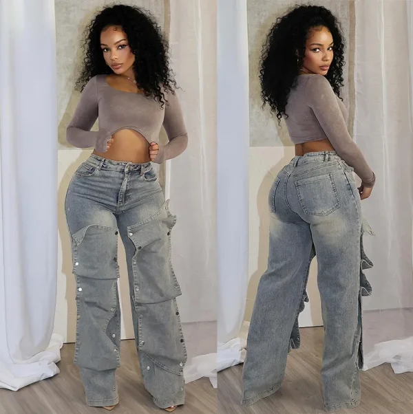 Jeans Cargo Pants Women Denim Long Pant Straight Trousers High Waist Button Pocket Mom Y2k Punk Casual Loose Autumn Streetwear