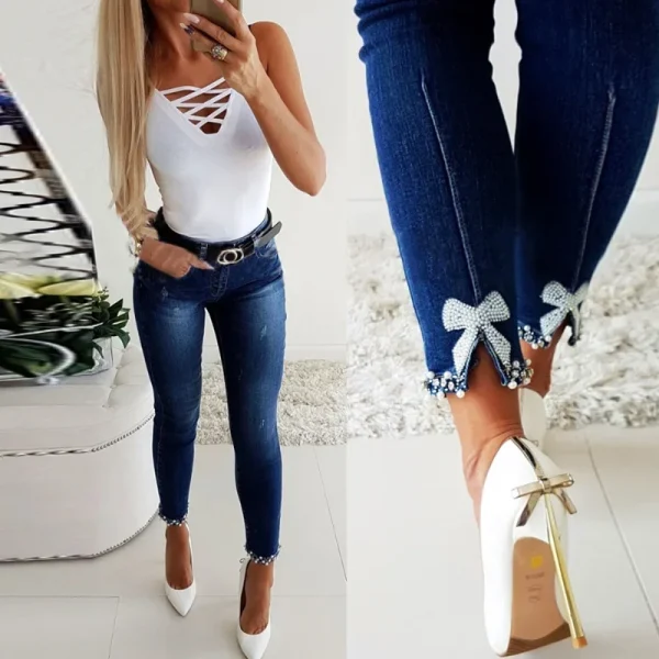 Pencil Pants Women Vintage Washed Jeans Sheath Denim Ankle Length Jean Pearls Solid Pockets Casual High Waist Skinny 2025 - Image 4