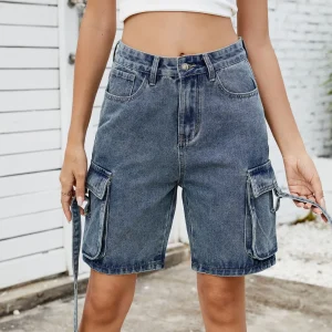 Jeans Cargo Pants Women Vintage Shorts Multiple Pockets Mid Waist Washed Distressed Knee Length Streetwear Short Denims Trousers