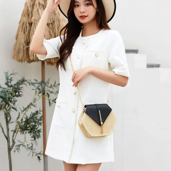 Hexagon Shape Straw PU Leather Handbag Women Summer Rattan Bag Handmade Woven Beach Bohemia Chain Strap Shoulder Crossbody Bags - Image 4