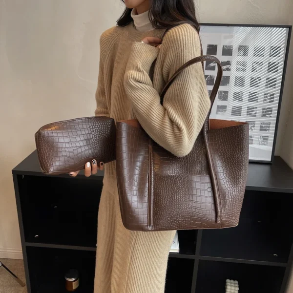 MOODS Crocodile Pattern Women Bag Set 2-IN-1 Big Capacity Shopping Shoulder Totes Pure Color Soft PU Leather 2025 Latest Handbag - Image 2