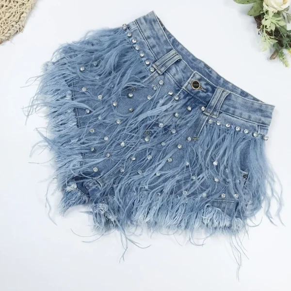 Rhinestone Beaded Exquisite Feather High Waist Denim for Women's Blue Jeans Shorts DS Nightclub Sexy Hot Pants Fashion - Image 3