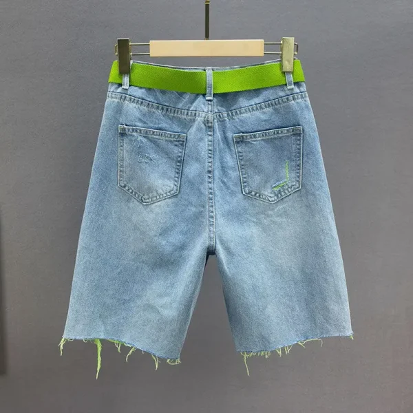 Green Hole Denim Shorts Women Summer Pearl Diamond Decoration Raw Edge Short Jeans Chic High Waist Loose Straight Denim Shorts - Image 2
