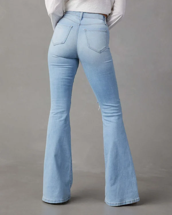 Women Denim Flare Pants Streetwear Jeans Loose Fit High Waist Pockets Holes Ankle Length Solid Color Spring 2024 Zipper Fly - Image 3