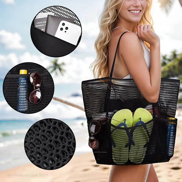 Large Mesh Beach Bag Multi Pocket Waterproof Organizer for Swimming Towels Travel Storage Tote Bag with Zipper Women Handbag - Image 4