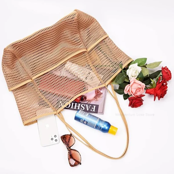 Large Mesh Beach Bag Multi Pocket Waterproof Organizer for Swimming Towels Travel Storage Tote Bag with Zipper Women Handbag - Image 5