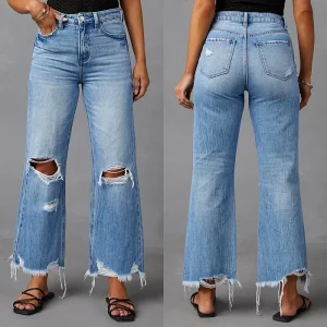 Hole Blue Jeans for Women High Waist Mom Straight Pants Mom Denim Autumn Casual Long Streetwear Y2k Trousers Capris Baggy