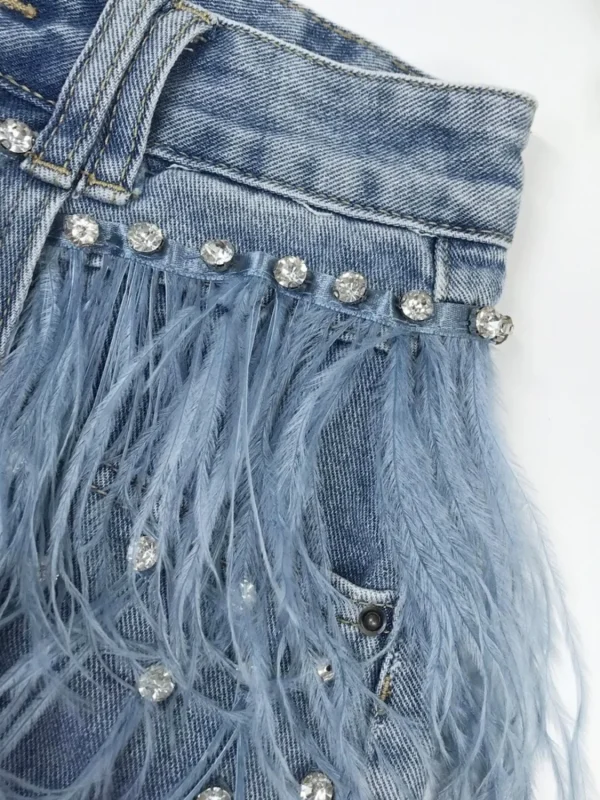 Rhinestone Beaded Exquisite Feather High Waist Denim for Women's Blue Jeans Shorts DS Nightclub Sexy Hot Pants Fashion - Image 6