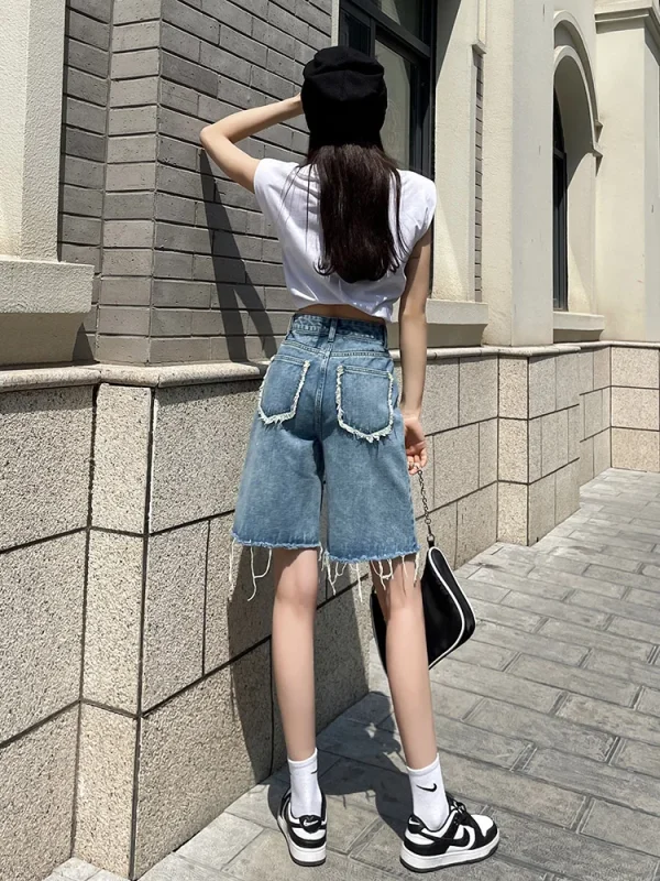 DFRCAEG 2025 Summer Jean Shorts Women Street Wear High Waist Burrs Wide Leg Half Length Bermuda Denim Shorts Woman Hot Sale - Image 4