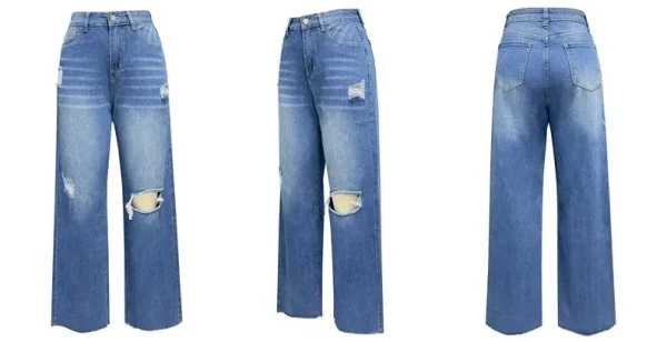 Women Jeans Ankle Length Holes Loose Flat Straight Pants Zipper Fly Pockets Solid Color High Street Slight Strech Denim - Image 6