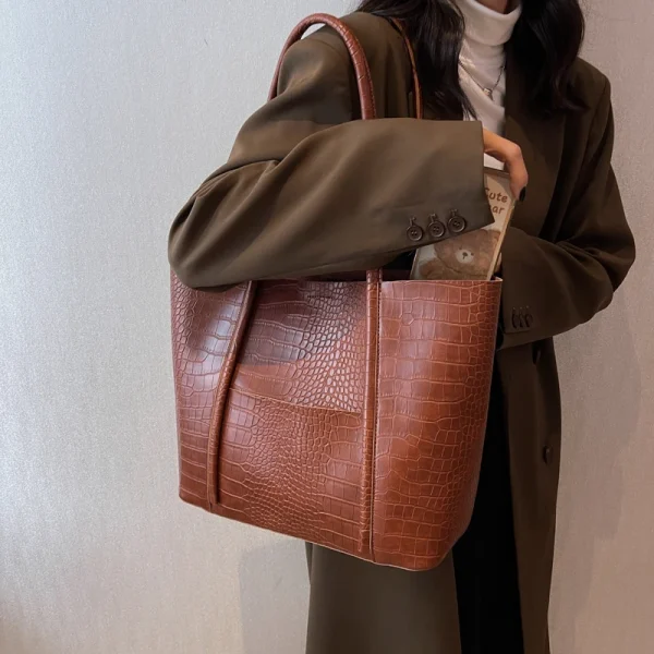 MOODS Crocodile Pattern Women Bag Set 2-IN-1 Big Capacity Shopping Shoulder Totes Pure Color Soft PU Leather 2025 Latest Handbag - Image 4