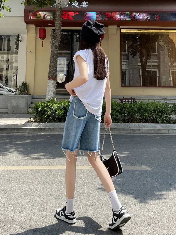 DFRCAEG 2025 Summer Jean Shorts Women Street Wear High Waist Burrs Wide Leg Half Length Bermuda Denim Shorts Woman Hot Sale - Image 5
