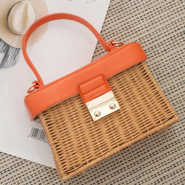 Trend Women's Straw Square Bags Handmade Woven Tote PU Leather Top Handle Rattan Purses Boxes Lady Summer Beach Basket Bags - Image 2