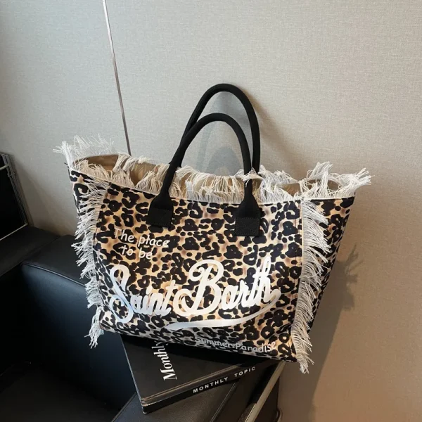 Fashionable tassel large capacity beach tote bag, new leopard print letter single shoulder women's bag