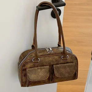 Retro Small Double Pockets Shoulder Bags for Women 2025 New Fashion Trend Designer Underarm Bag Female Handbags and Purses
