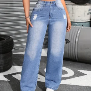 Women's High-Waist Elastic Zipper Casual Jeans Torn Straight Leg Wide Pants Medium Stretch Cotton Blend Four-Season Neutral Loos