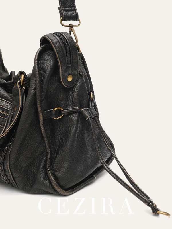Vintage Washed PU Leather Large Capacity Tote Zip Pockets Braid Decor Shoulder Cross body Bag Unisex Women Daily Travel Handbag - Image 4