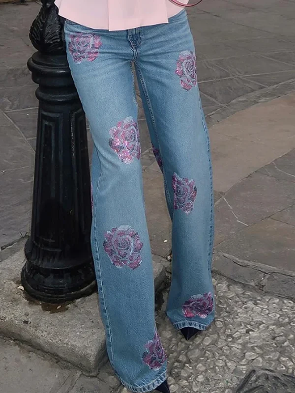 Women Floral-Shaped Diamonds Denim Pants Vintage High Waist Baggy Jeans 2025 Spring Summer New Lady Street Slim Basic Trousers