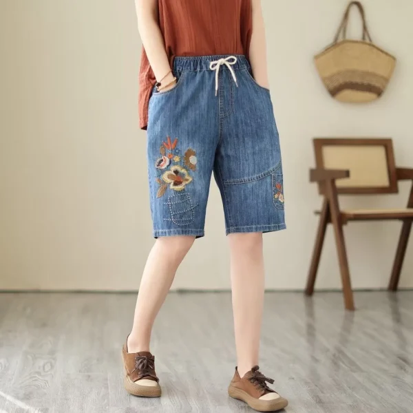 Women Summer Retro Style Trouser Embroidery Self Tie Plus Size Mid Length Pants Artistic Casual Ripped Straight Short Jeans 2025 - Image 3