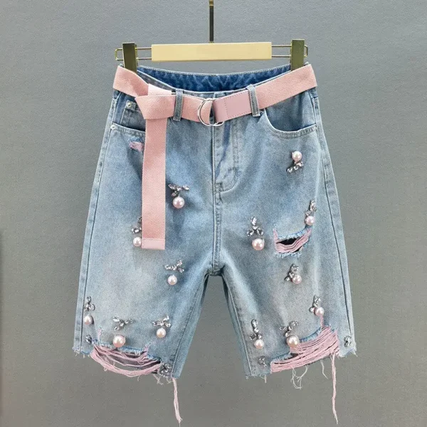 Green Hole Denim Shorts Women Summer Pearl Diamond Decoration Raw Edge Short Jeans Chic High Waist Loose Straight Denim Shorts - Image 3