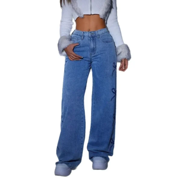 Wide Leg Pants Women Bow Print Jeans High Waist Washed Distressed Straight Trousers Vintage Denims Floor Length Streetwear - Image 4
