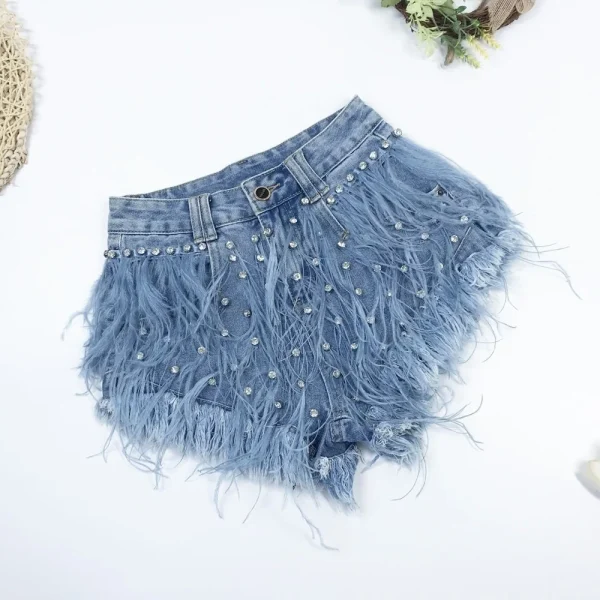 Rhinestone Beaded Exquisite Feather High Waist Denim for Women's Blue Jeans Shorts DS Nightclub Sexy Hot Pants Fashion - Image 2