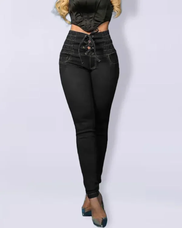 Women Mom Jeans Denim Pencil Pants Bodycon Buttock Lace Up Elastic Waist Pockets High Waist Bandage Sheath Spliced Y2k Button - Image 2