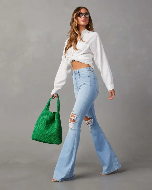 Women Denim Flare Pants Streetwear Jeans Loose Fit High Waist Pockets Holes Ankle Length Solid Color Spring 2024 Zipper Fly - Image 4