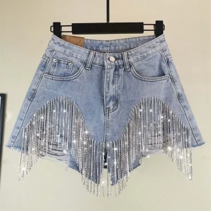 Sexy Diamonds Tassels Ripped Jeans Shorts Women's Fashion High Waist Irregular Streetwear Holes Denim Shorts Casual Bottoms