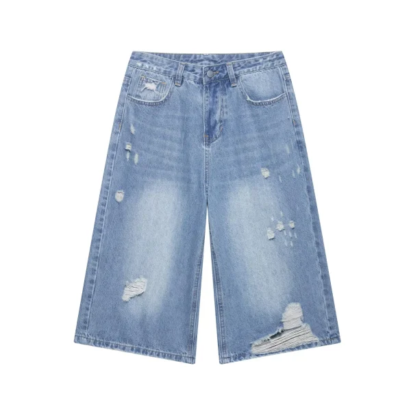 BM&MD&ZA Women's Loose and Casual Summer Fashion Denim Three Quarter Length Shorts with Worn and Ripped Hole Decoration
