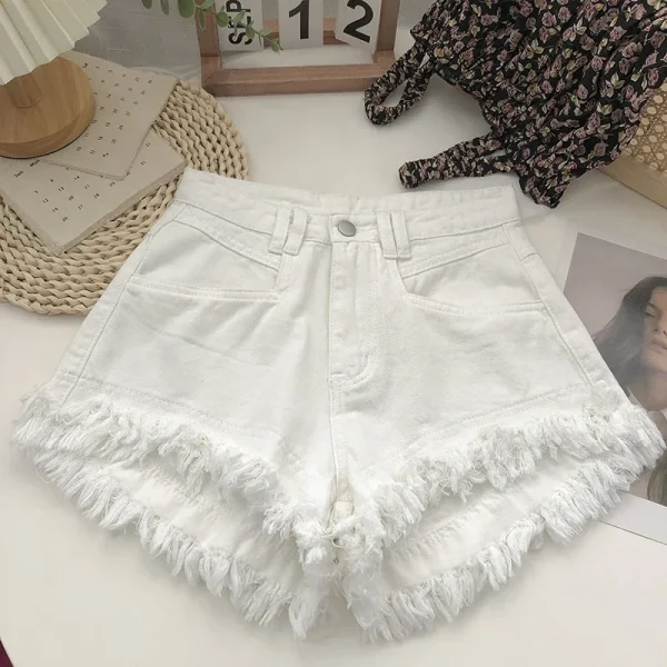 ITOOLIN Women Vintage Tassels Denim Shorts Button Loose High Waist A-line Jean Shorts Casual Women Office Trousers Streetwear - Image 3