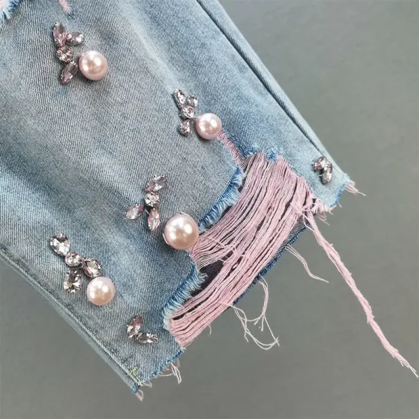 Green Hole Denim Shorts Women Summer Pearl Diamond Decoration Raw Edge Short Jeans Chic High Waist Loose Straight Denim Shorts - Image 4