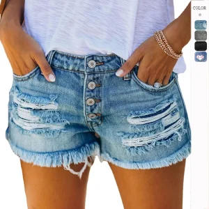 2025 Summer New Denim Shorts Women Fashion Trendy Hole Tassel Solid Color Single-breasted Short Female Hot Pants Streetwear