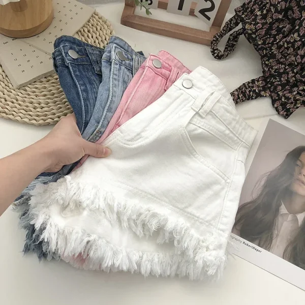 ITOOLIN Women Vintage Tassels Denim Shorts Button Loose High Waist A-line Jean Shorts Casual Women Office Trousers Streetwear - Image 2
