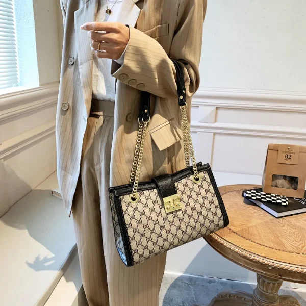Retro Lattice Floral Women's Shoulder Bag Fashion Chain Girl Crossbody Hundreds of Commuter Girls Underarm Bag PU Material Metal - Image 6
