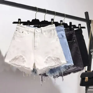 Botvotee Summer Ripped Jeans Shorts Women High Waist Casual Denim Shorts Tassel Fashion Ripped Holes Y2K Girls White Jeans