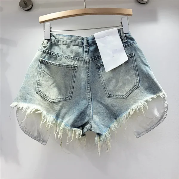 2025 Summer New Women's Pink Hole Denim Shorts High Waist Slimming Spicy Girl A-line Ragged Edge Shorts - Image 4