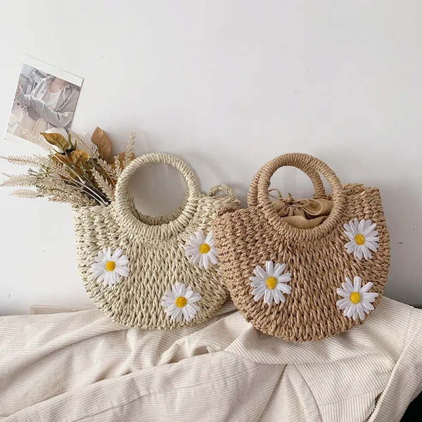 Handwoven Daisy Straw Rattan Half-Moon Beach Handbag Large Capacity Women Summer Hollow Out Crossbody Shoulder Bag - Image 3