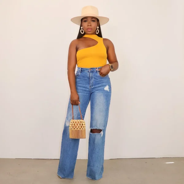 Women Jeans Ankle Length Holes Loose Flat Straight Pants Zipper Fly Pockets Solid Color High Street Slight Strech Denim - Image 2