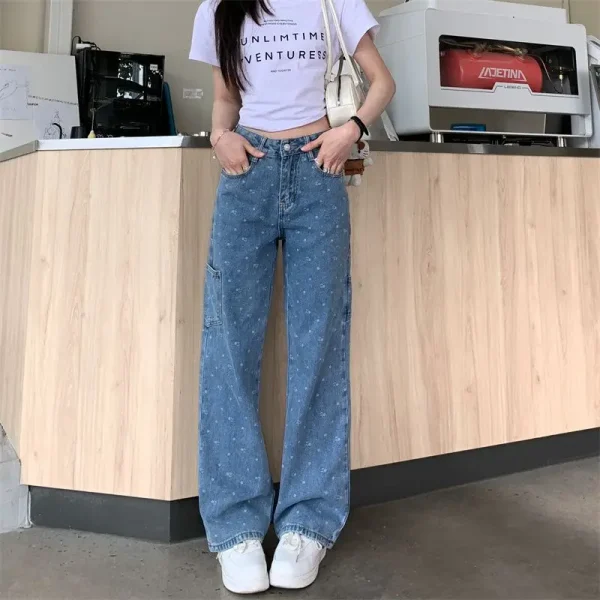 Y2K Jean 2025 Summer Fashion Ladies Floral Denim Pantalons Loose Vintage Jeans Women Casual Elastic Waist Harem Wide Trousers