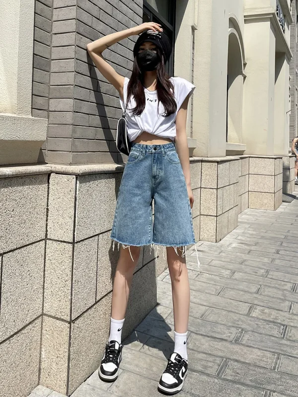 DFRCAEG 2025 Summer Jean Shorts Women Street Wear High Waist Burrs Wide Leg Half Length Bermuda Denim Shorts Woman Hot Sale - Image 3