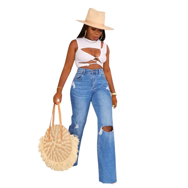 Women Jeans Ankle Length Holes Loose Flat Straight Pants Zipper Fly Pockets Solid Color High Street Slight Strech Denim - Image 5