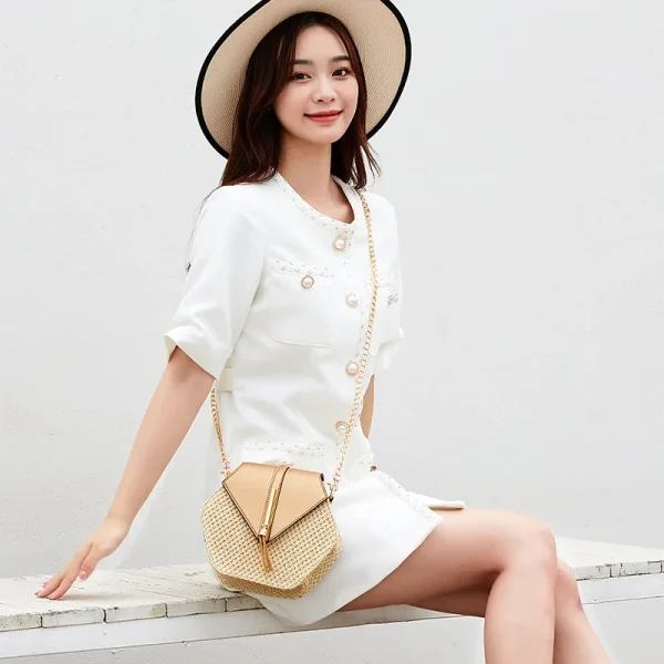 Hexagon Shape Straw PU Leather Handbag Women Summer Rattan Bag Handmade Woven Beach Bohemia Chain Strap Shoulder Crossbody Bags - Image 3