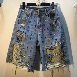 Diamond Beaded Denim Knee Length pants Woman 2025 Summer New Loose High Waist Slimming mid-pants Jeans women