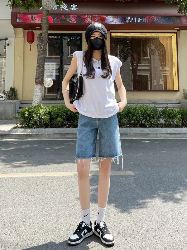 DFRCAEG 2025 Summer Jean Shorts Women Street Wear High Waist Burrs Wide Leg Half Length Bermuda Denim Shorts Woman Hot Sale - Image 6