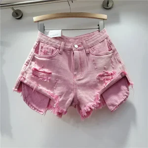 2025 Summer New Women's Pink Hole Denim Shorts High Waist Slimming Spicy Girl A-line Ragged Edge Shorts