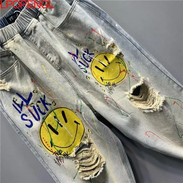 2025 Fashion Printed Ripped Distressed Streetwear Jeans Women's Summer New High-waisted Loose Straight-leg Versatile Harem Pants - Image 2