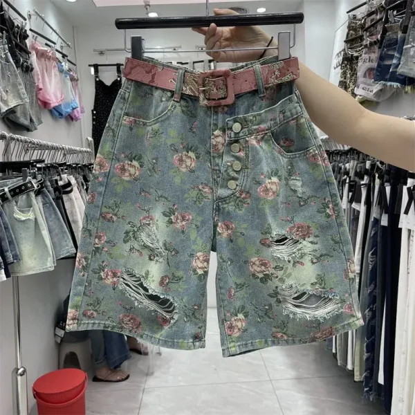 Retro Printed Trendy Denim Shorts for Women Summer Spicy Girl Streetwear Casual High Waist Slimming Wide Leg Jeans Women Shorts