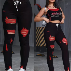 Women's Stretch Jeans Elastic Waist Drawstring Elegant Distressed Red Skinny Personalized Designer Style Suitable for All Seaso