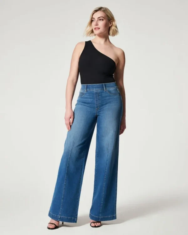 2023 Hot Sale Women's High Stretch Elastic Waist Jeans Fashion Mid Waist Denim Wide Leg Pants Casual Female Trousers S-2XL - Image 2